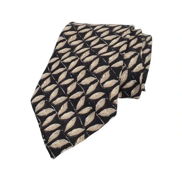 Hugo Boss Woven Leaf Pattern Necktie Black Tan Mens Tie - Picture 1 of 3